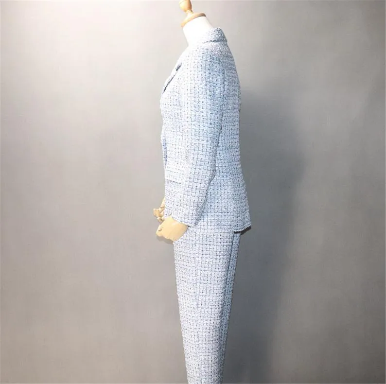 Womens Designer Inspired Custom Made Check Pattern Blue Tweed Blazer   Trousers Suit