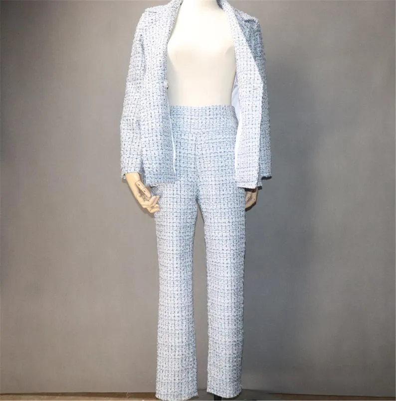 Womens Designer Inspired Custom Made Check Pattern Blue Tweed Blazer   Trousers Suit