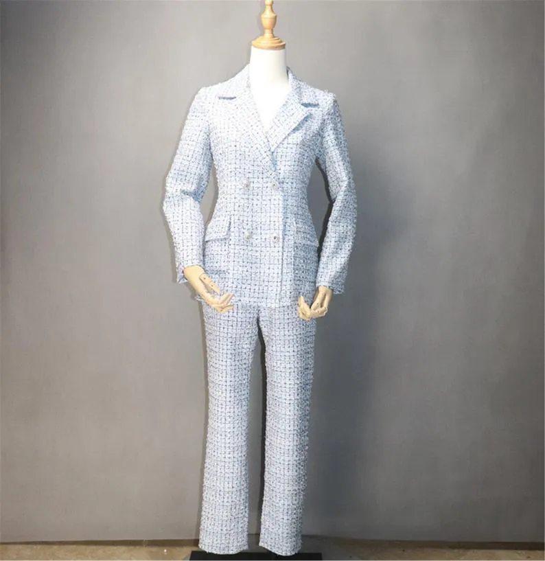 Womens Designer Inspired Custom Made Check Pattern Blue Tweed Blazer   Trousers Suit