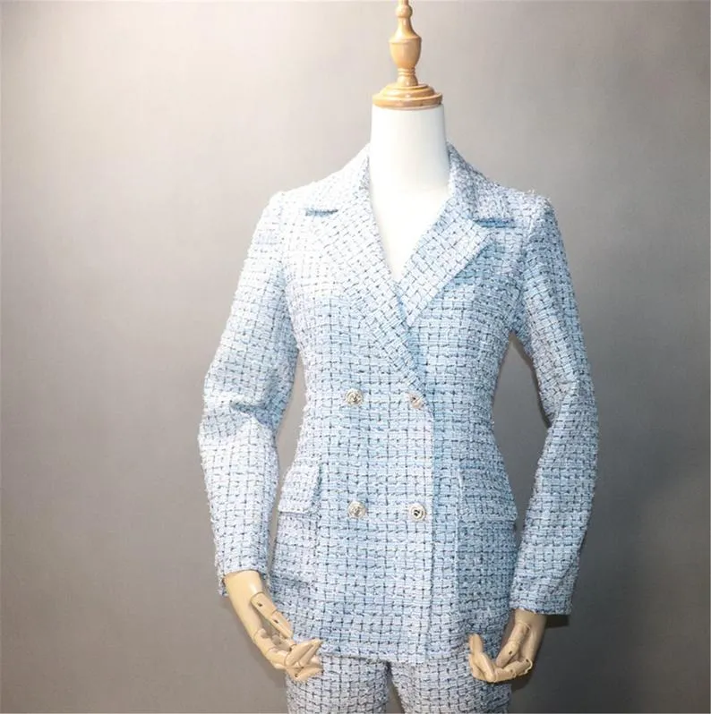 Womens Designer Inspired Custom Made Check Pattern Blue Tweed Blazer   Trousers Suit