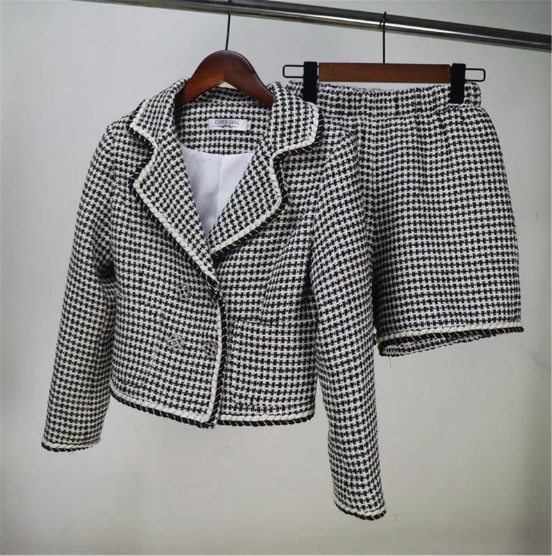 Womens Designer Inspired Custom Made Checked Pattern Tweed Crop Blazer   Shorts/Skirt Suit