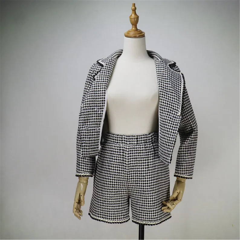 Womens Designer Inspired Custom Made Checked Pattern Tweed Crop Blazer   Shorts/Skirt Suit