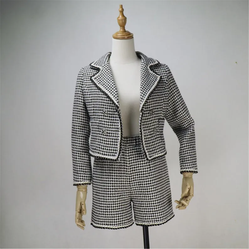 Womens Designer Inspired Custom Made Checked Pattern Tweed Crop Blazer   Shorts/Skirt Suit