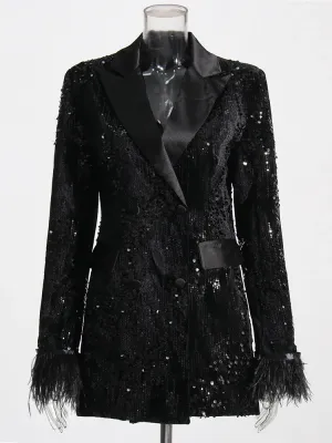 Women's Luxe Black Sequin Feather Sleeve Blazer